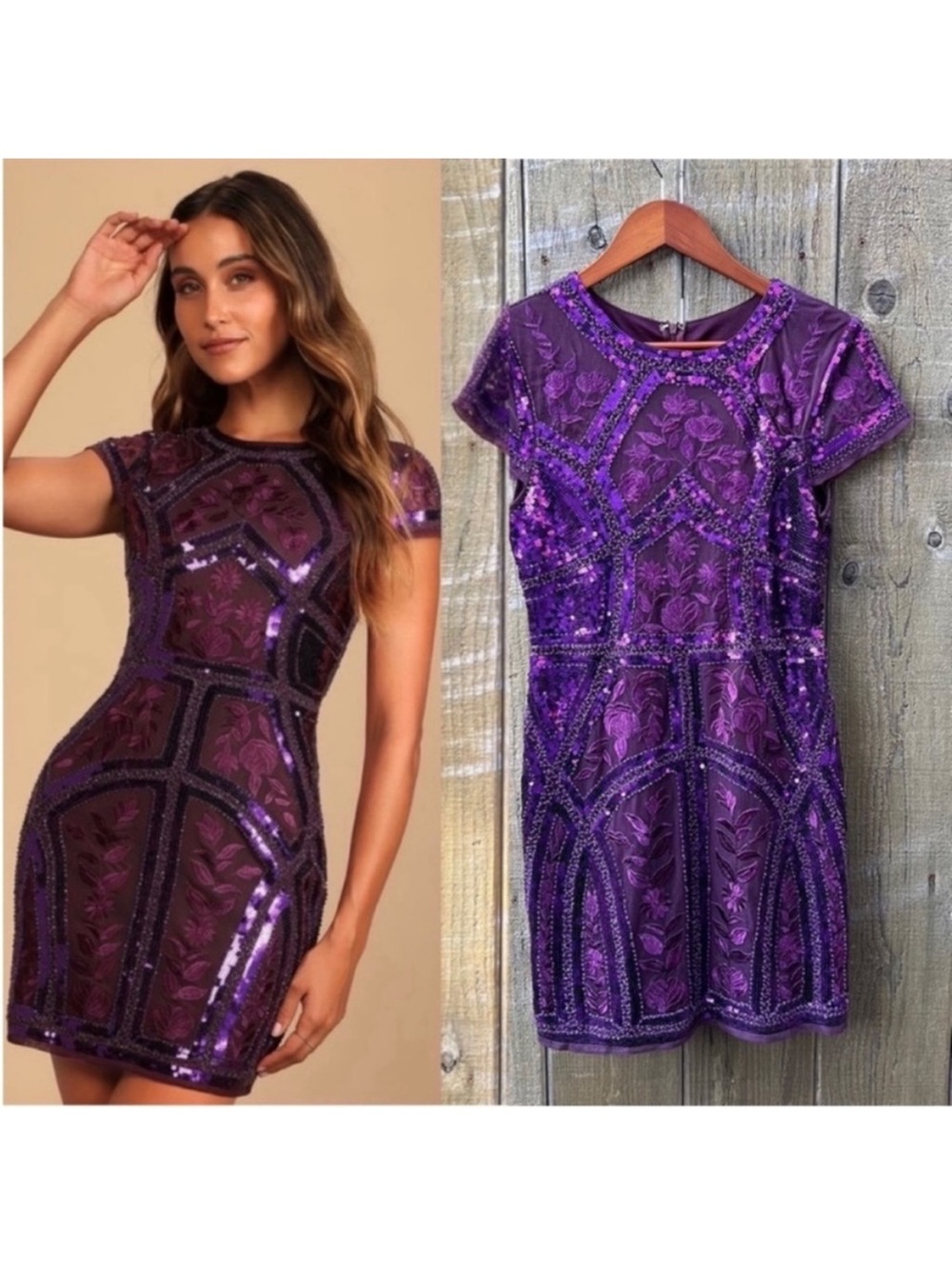 Plum Purple Art Deco Sequins Bodycon Mini Dress 🌿